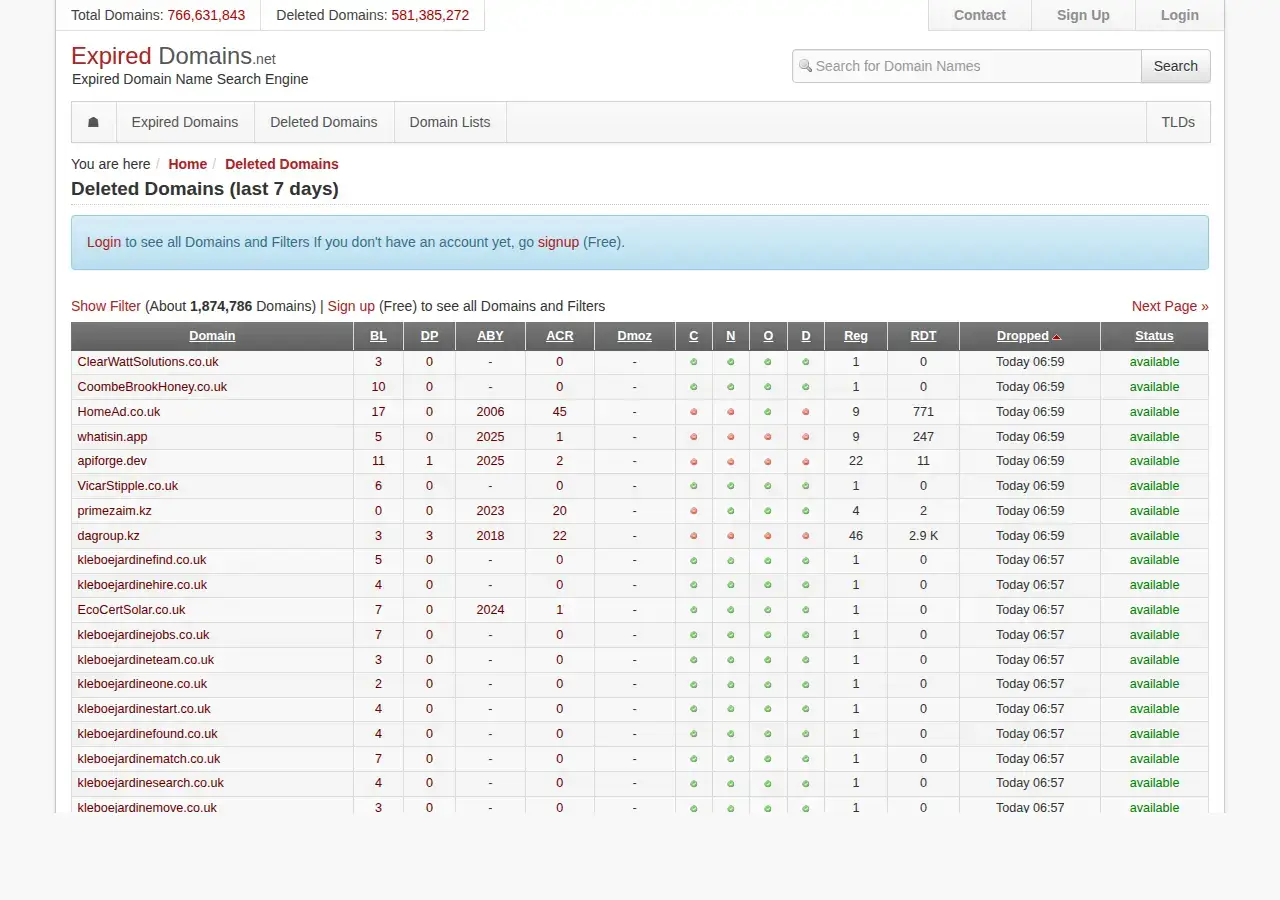 ExpiredDomains.net deleted domains table with rows of dropped names and abbreviated columns for backlinks, domain pop, archive birth year and crawl results, behind a login prompt banner