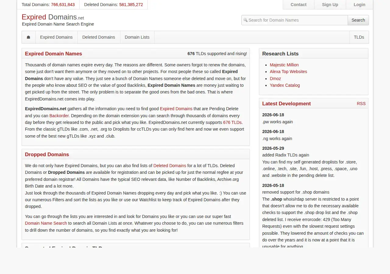 ExpiredDomains.net homepage showing counters of 766 million domains total and 581 million deleted, a horizontal section menu and a sidebar of research lists